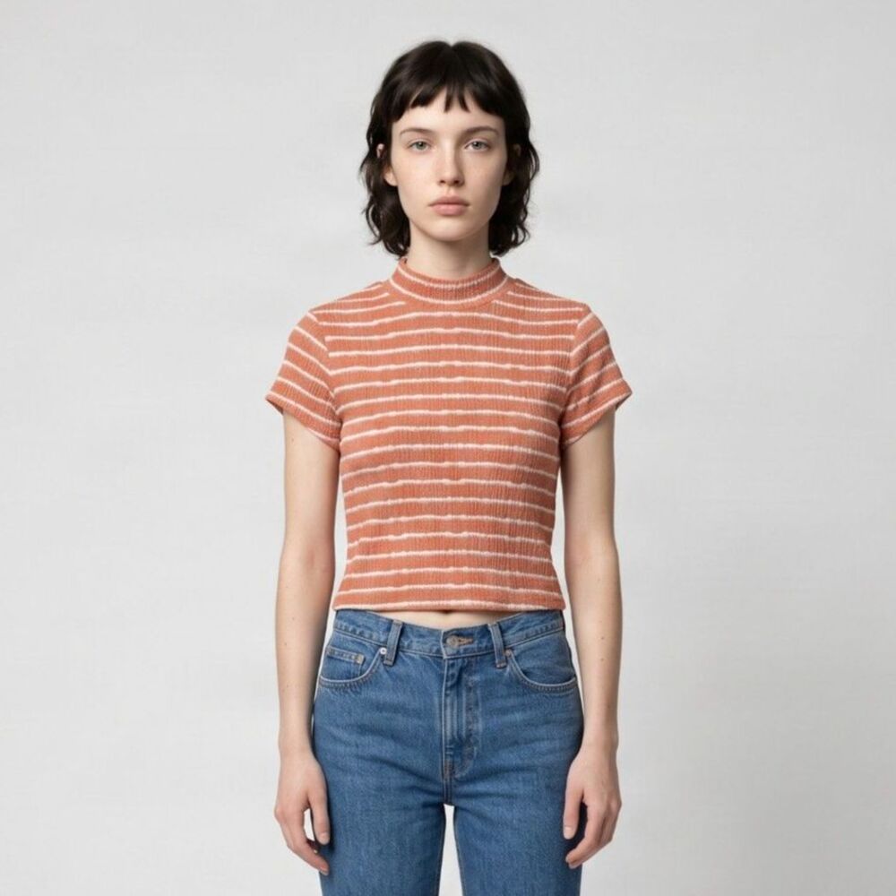 NWT Freshman Peach and White Striped Mock-Neck Crop Top